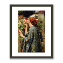 Framed art print of John William Waterhouse's painting 'The Rosemary Bride' featuring a woman in a blue patterned gown smelling pink roses, presented in a black frame with no matt.