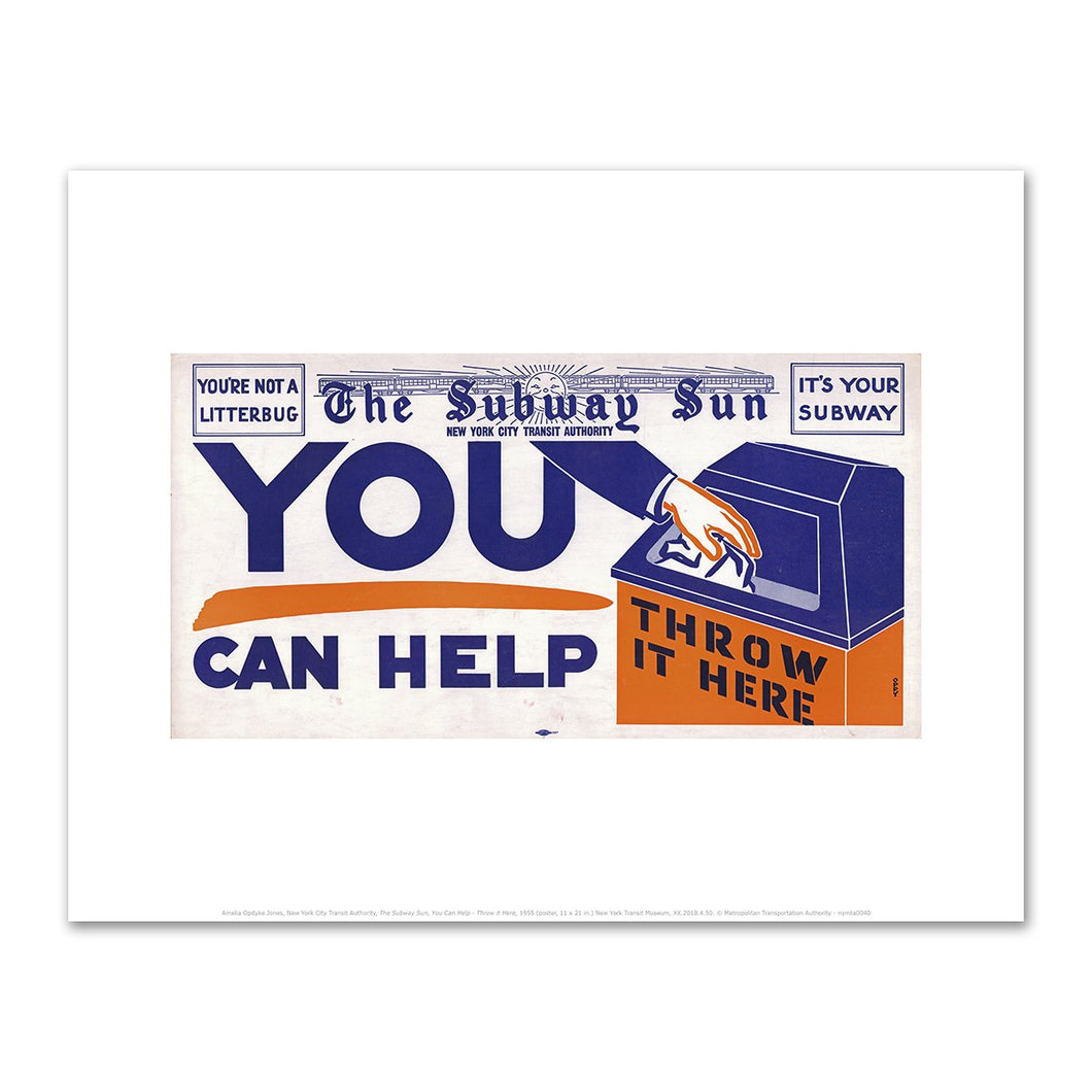 Amelia Opdyke Jones, New York City Transit Authority, The Subway Sun, You Can Help - Throw it Here, 1955, Art Prints in 4 sizes by 2020ArtSolutions